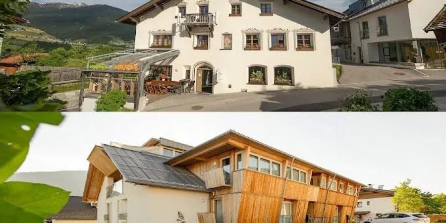 Zwei verschiedene Schweizer Gebäude, eines traditionell im Alpenstil und das andere modern mit Holzfassade, symbolisieren die Vielfalt der Rednerausbildung in der Schweiz.
